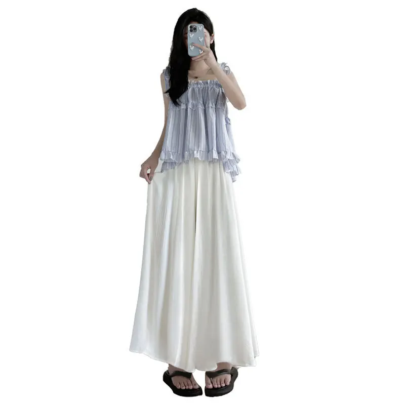 White Culottes 2024 Summer Thin Ice Silk Pleated Skirt High Waist Drape Wide Leg Pants Women's Casual Trousers