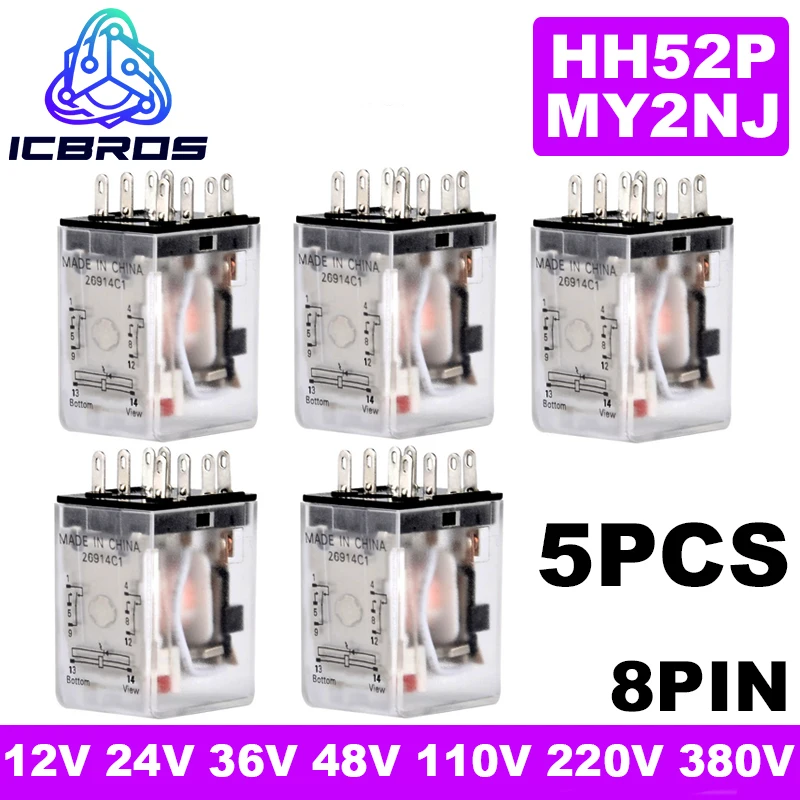 

5pcs Intermediate Relay HH52P MY2NJ Coil General DPDT Mini Electromagnetic Relay Switch With LED 8 Pins AC 110V 220V DC 12V 24V