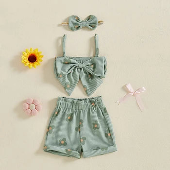 Toddler Girls 3 Piece Outfits Ruffle Sleeveless Top and Shorts Set with Headband Summer Clothes Floral Print Bow Camisole 4