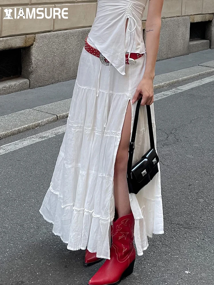 

IAMSURE Beach Style Basic Solid Split Skirt Holiday Bohemian Mid-Waisted Maxi Skirts Women 2023 Summer Fashion Streetwear Ladies