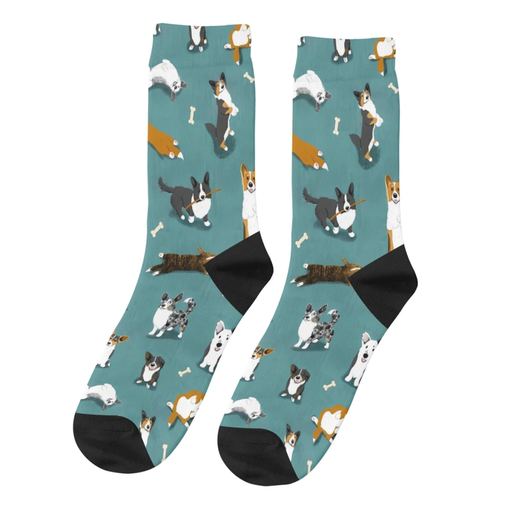 

Retro Cardigan Corgi Pattern on Teal Men's Socks Corgi Dog Animal Unisex Novelty Seamless Printed Funny Crew Sock Gift