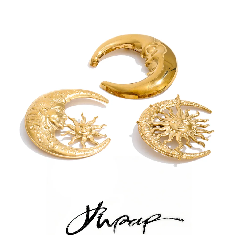 Yhpup Waterproof Metal Sun Moon Brooch
