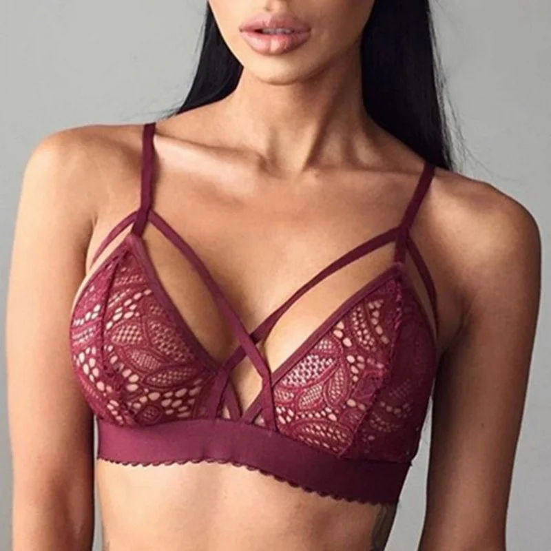 

2019 Women Seamless Sexy Cross Bandage Crop Tank Top Floral Sheer Lace Bra Bralette Bustier fitness building invisible fly bra #