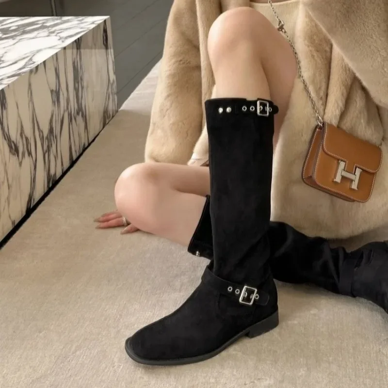 2023 Winter Belt Buckle Shoes for Female Slip-on Women's Knee-High Boots Low Heel Women's Shoes Plus Size Modern Ladies Boots