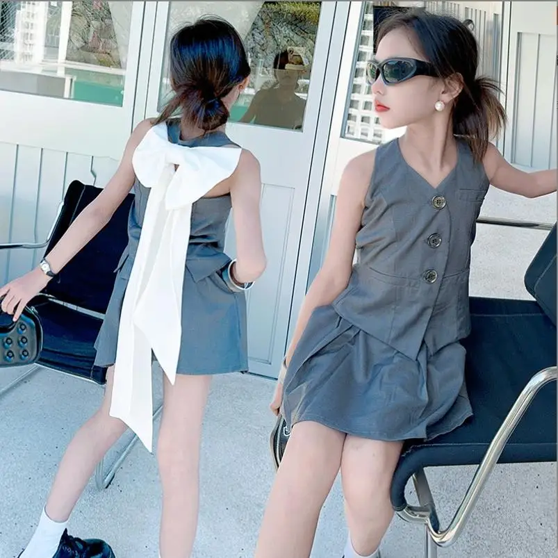 

Girl Vest + Shorts 2pcs Sets Summer New Skirts Children Backless Bow Fashion Suits Kids Gary Teenage Clothes 6-16 Years Wz1345