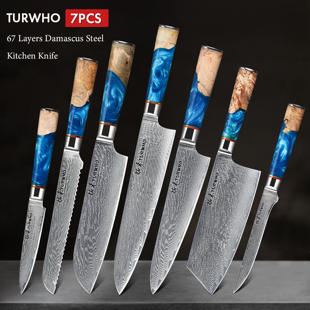 

TURWHO 7PCS Japan Santoku Knives Chef's Knife Bread Knife 67 Layers Of High Carbon Damascus VG10 Steel Core Kitchen Knives Set