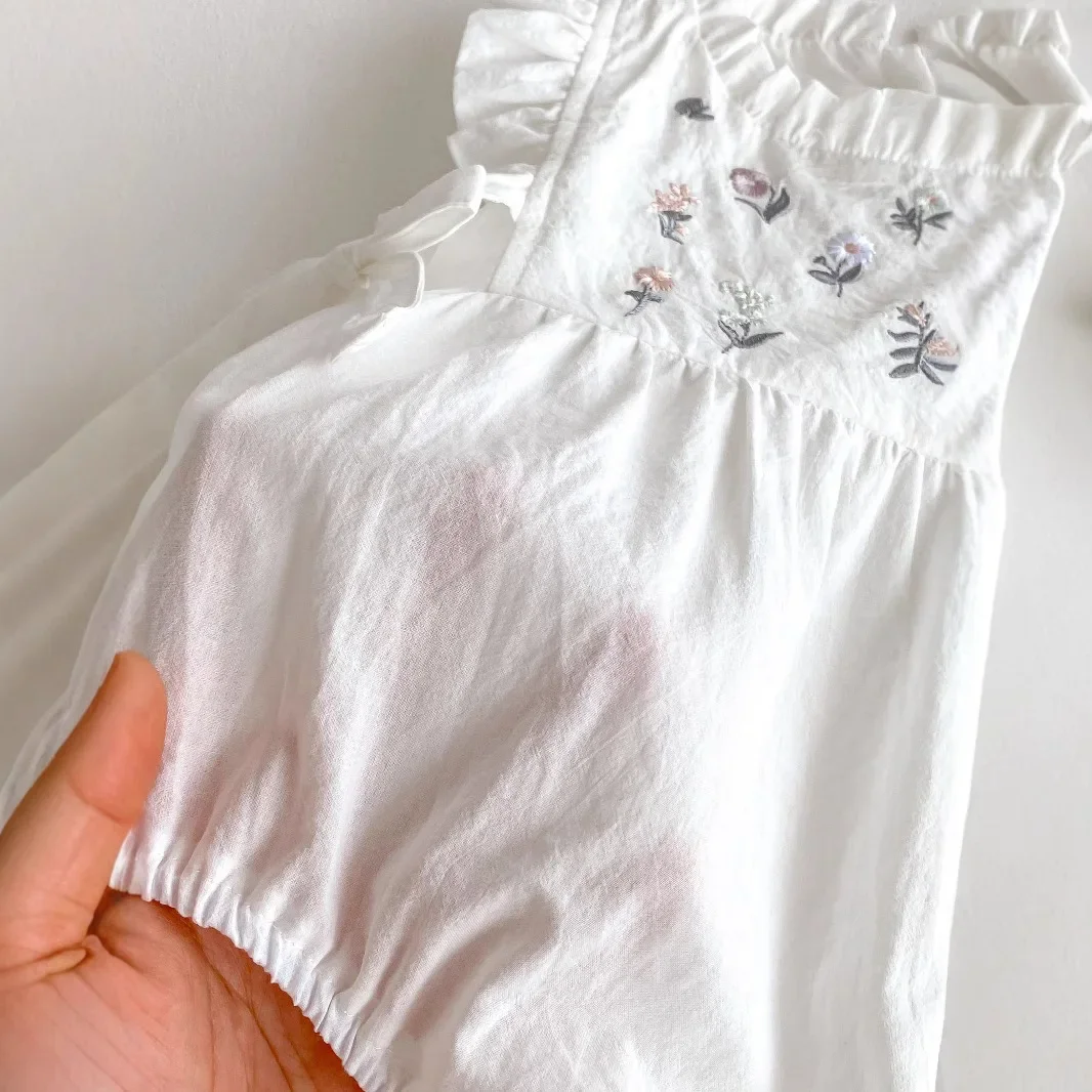 Baby Girl Summer Embroidered Floral Side Waist Butterfly Knot Infant Toddler Romper Sleeveless Thin Cotton Crawling Suit