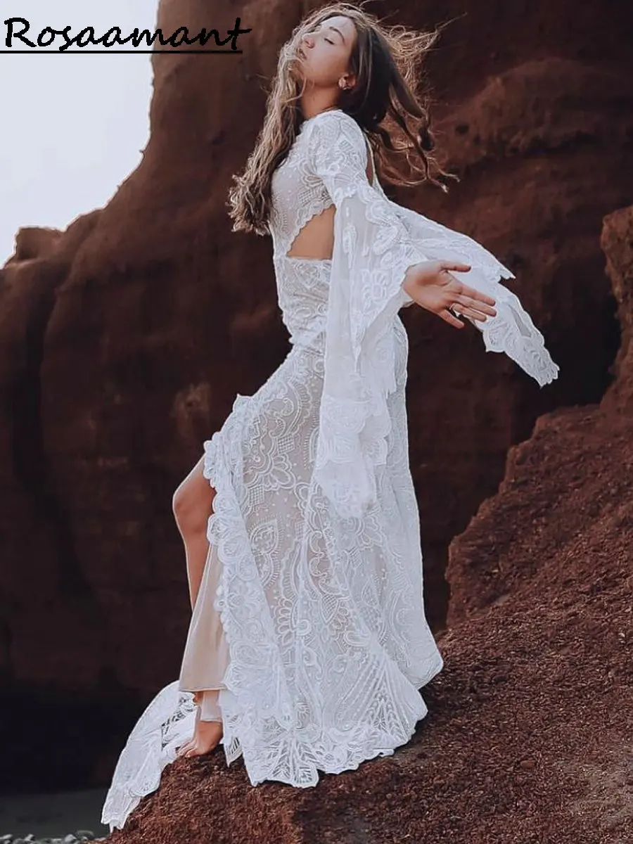 Bohemian High Split Open Back Appliques Lace Wedding Dresses Mermaid Long Flare Sleeve Country Bridal Gown