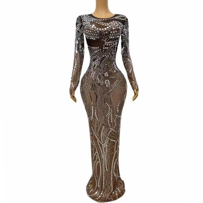 

Sparkling Rhinestone Women Long Sleeve Sexy See Through Floor-Length Bodycon Dress Nightclub Evening Party Singer Stage Outfit