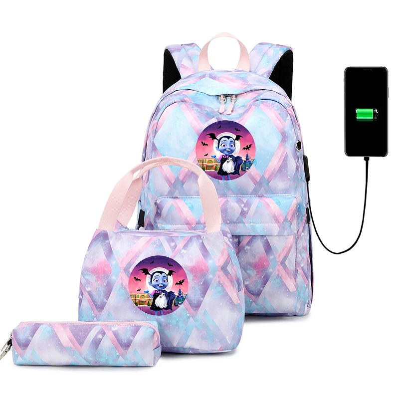 3Pcs Disney Vampirina Zaino Ragazzi Ragazze Ricarica Usb Bookbag Mochila Adolescente Uomo Donna Viaggi Zaini Casual Set