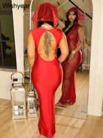 New Luxury Birthday Red Hooded Dress for Women Sexy Deep V Neck Sequins Glitter Mesh See Through Back Open Sparkly Evening Robe - Image 2