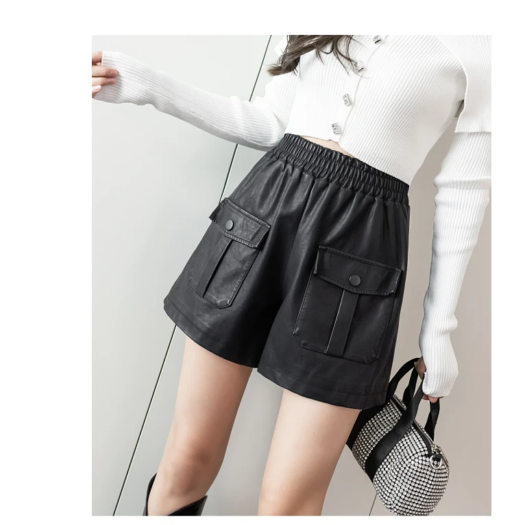 Elastic High Waist PU Leather Shorts Women Black Wide Leg Shorts Ladies Fall Casual Loose Pocket Leather Short Femme 2021 Winter biker shorts