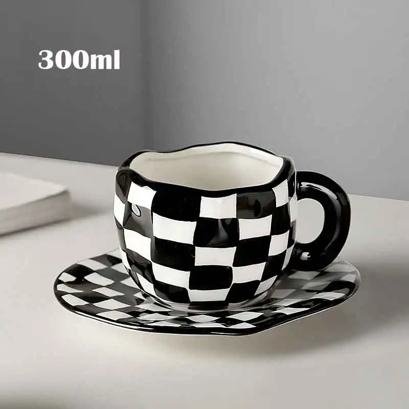 European Art Checkerboard Lattice Coffee Cup Saucer Ceramic Mug Home Crown  Porcelain Tea Cup Breakfast Bread Milk Mug Home Decor - AliExpress