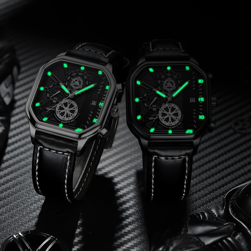 2023 Fashion Men Watch Square Dial Black Leather Chronograph Quartz Wristwatches Sports Casual Waterproof Watches For Men CHENXI