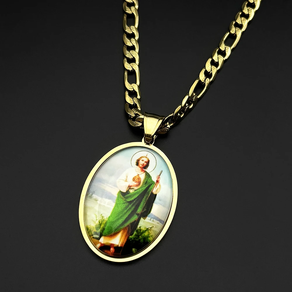 San Judas Tadeo-Medaillen-Anhänger-Halskette für Damen und Herren, Edelstahl, goldfarben, Heilige, Apostel Jesu, Amulett, Glaube, Schmuck