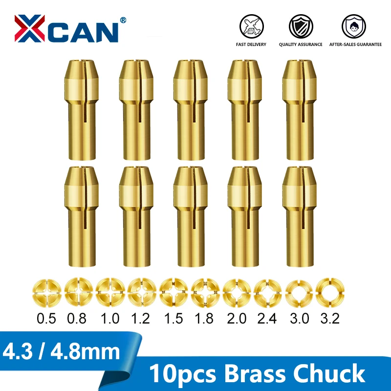XCAN Adapter tulei zaciskowych do mini wiertarki 10pcs 0.5 3.2mm, mosiężne uchwyty 4.3 4.8mm Shank do narzędzia obrotowego Dremel