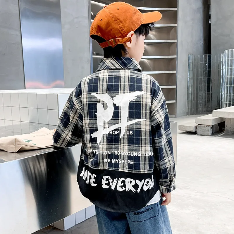 Spring Shirt for Boys Spring Autumn Patterned Plaid Shirt Handsome Boy's Clothing Big Kids Fashionable Checkered