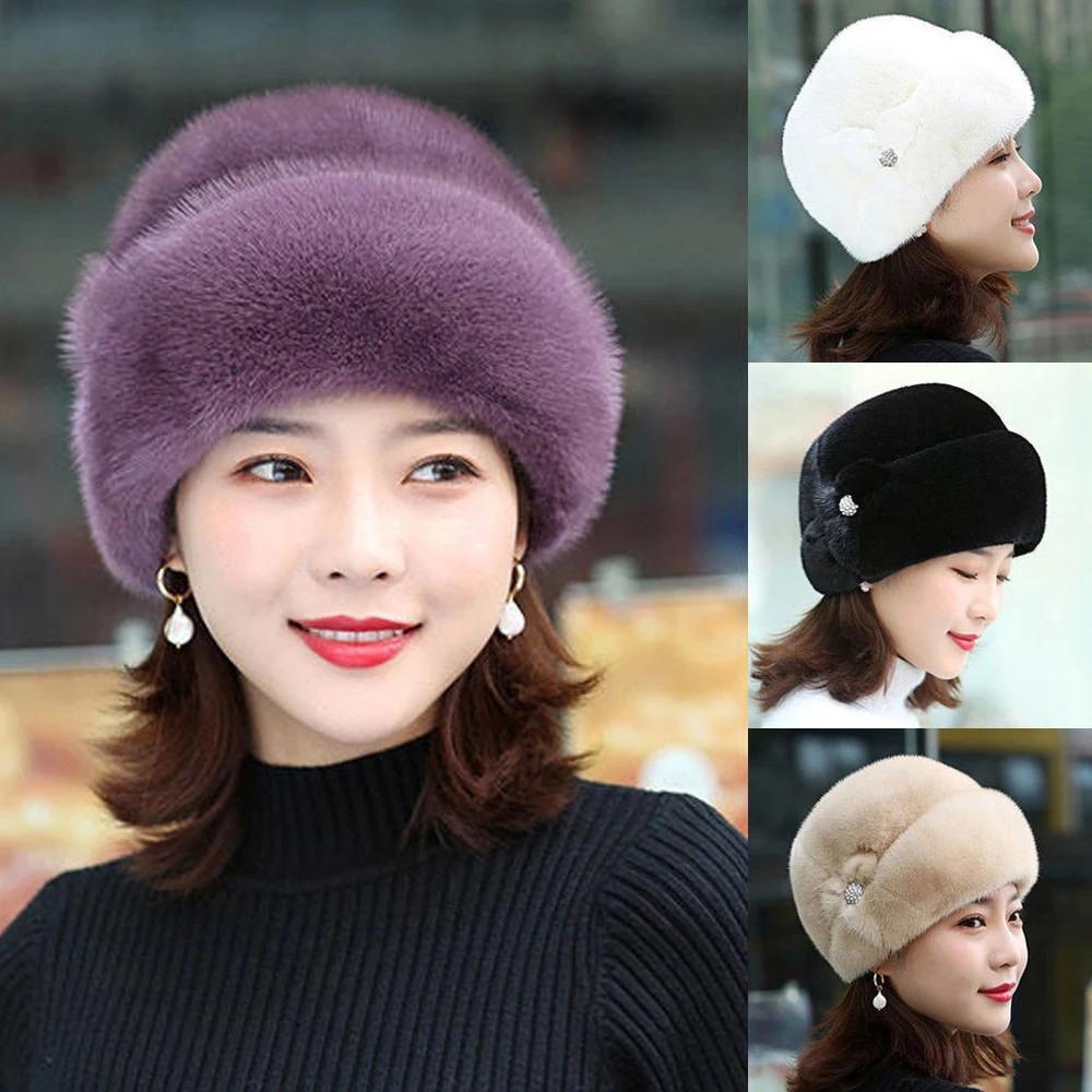 

Winter Keep Warm Hat Russian Flower Decor Thickened Luxury Solid Color Autumn Winter Thermal Middle-aged Women Cap For Outdoor