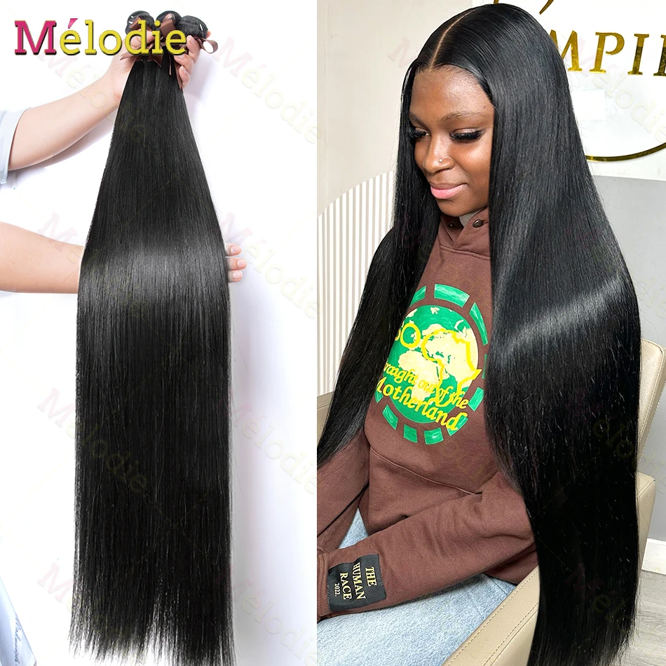 MELODIE 40 42 Inches Bone Straight Human Hair Weave Bundles Human Hair Extensions 3 4 Bundles Double Weft Bulk Braiding
