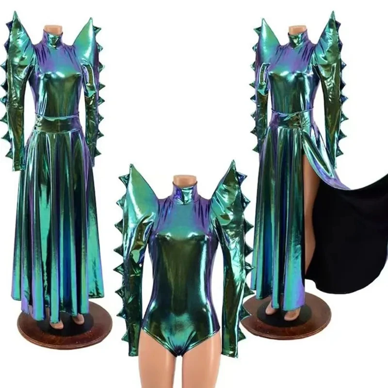 Party Show Green Laser Patent Leather Exaggerated Shoulder Bodysuit Long Skirt Women Stage Wear Singer Bar Nightclub Club Outfit