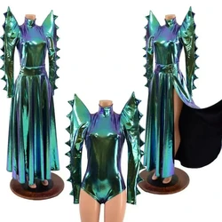 Party Show Green Laser Patent Leather Exaggerated Shoulder Bodysuit Long Skirt Women Stage Wear Singer Bar Nightclub Club Outfit