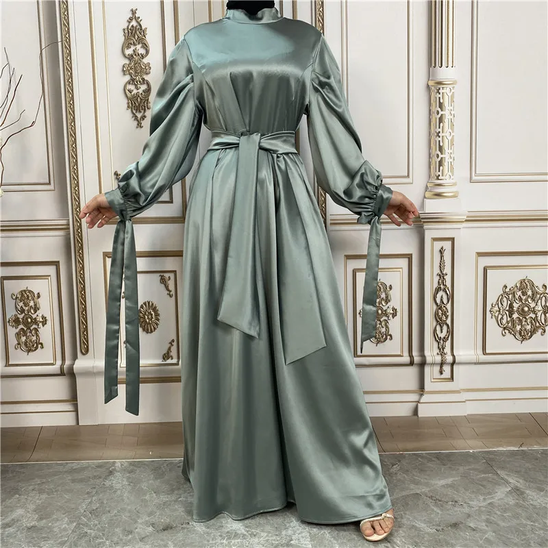 

Fashion Simple Solid Thick Satin Lace Up Sleeve Elegant Muslim Dress Kaftan Robe Elegante Femme Vestidos Arabes Dubai Y Turcos