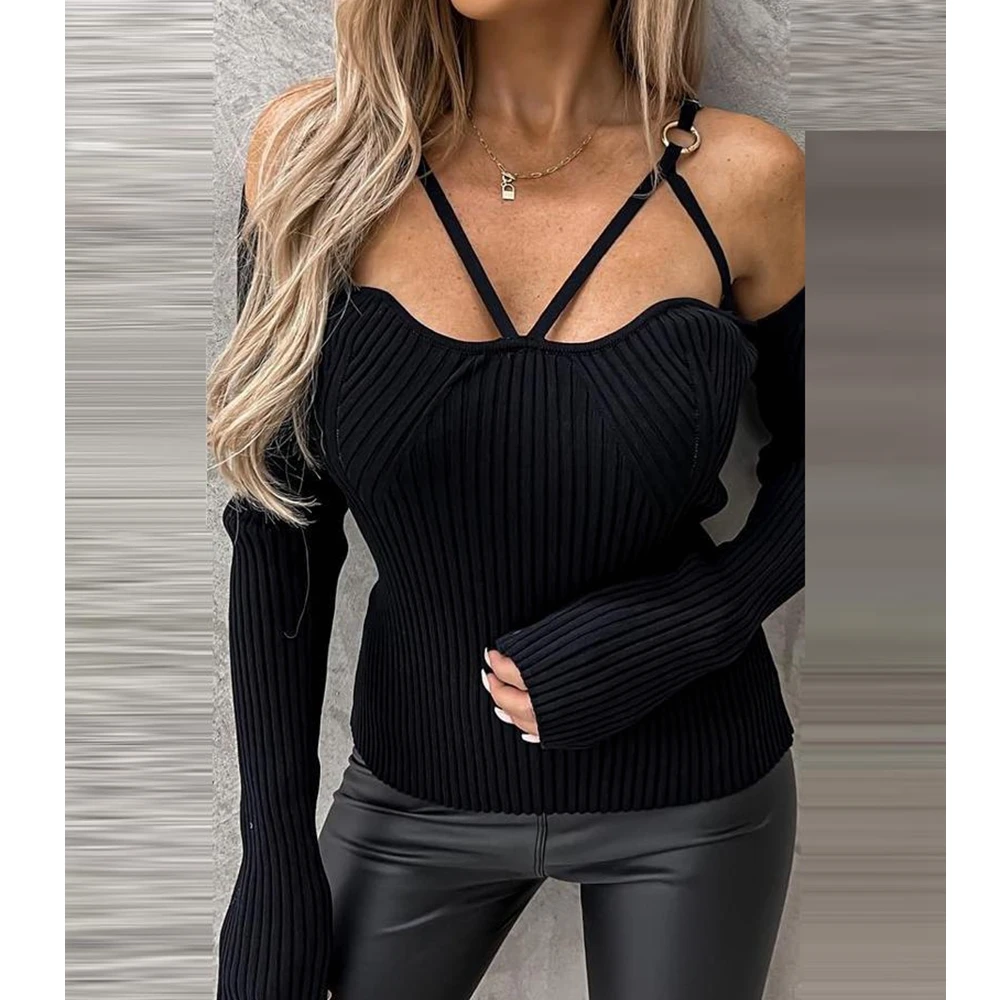 

Wepbel Knitting Top Low Cut Long Sleeve Women Sexy Camis Tops Solid Color Slim Fits Sexy Metal Button Patchwork Tshirts Tops