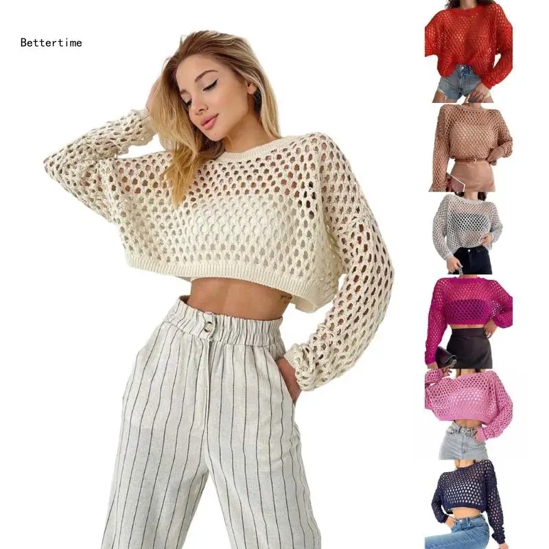 

B36D Womens Fashion Hollow Out Cropped Knitted Sweater CrewNeck Long Sleeve Pullover