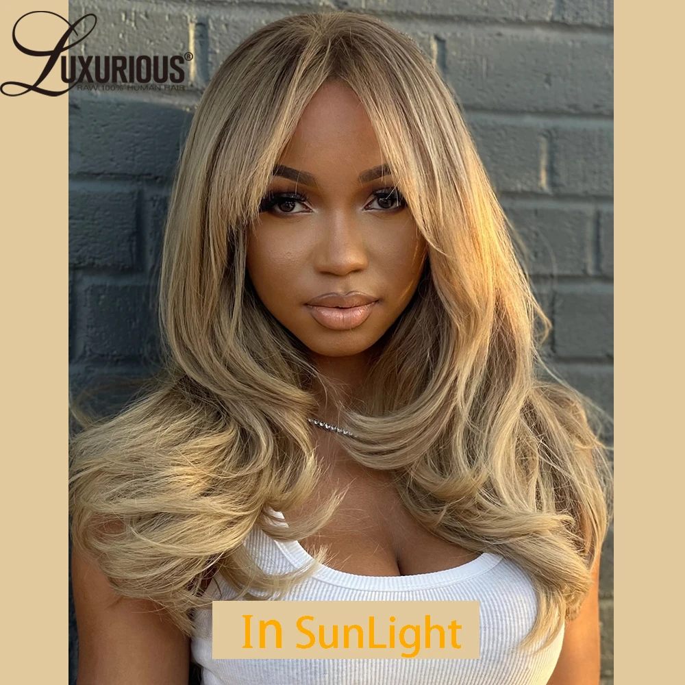 Honey Blonde Inspired Layered Colored Human Hair Wigs Pre-Cut Lace Wig 13x4 Lace Front Wig Put On And Go With Curtain Bangs