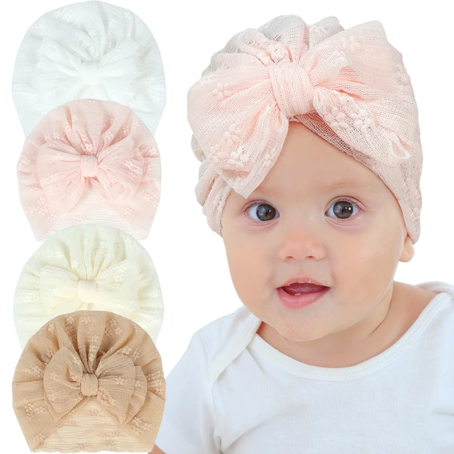 Turban en dentelle avec gros nœud pour bébé fille, bonnet pour