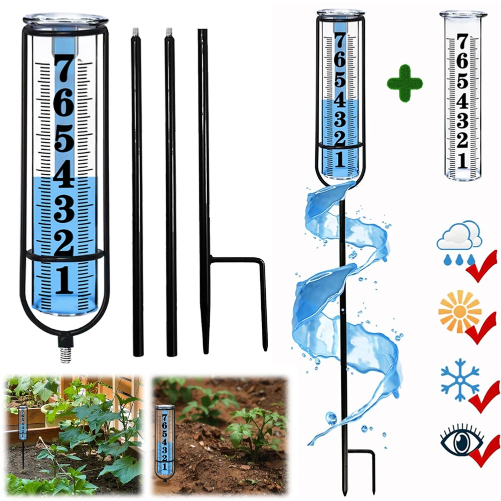 Outdoor Rain Water Meter Adjustable Height Rain Measuring Tool with Thickened Plastic Tube & Metal Stake for Yard Lawn Garden