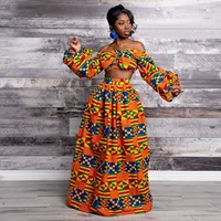 Printed African Inspired Women's Fashion Set, One-Line Neck, Full Sleeve, Off Shoulder Top, Slit Skirt 4