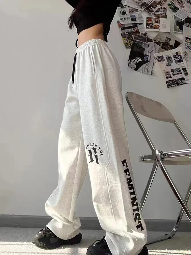 

Zoki Harajuku Retro Letter Grey Sweatpants Women Casual Loose Streetwear Trousers Lace Up High Waist Oversize Bf Wide Leg Pants