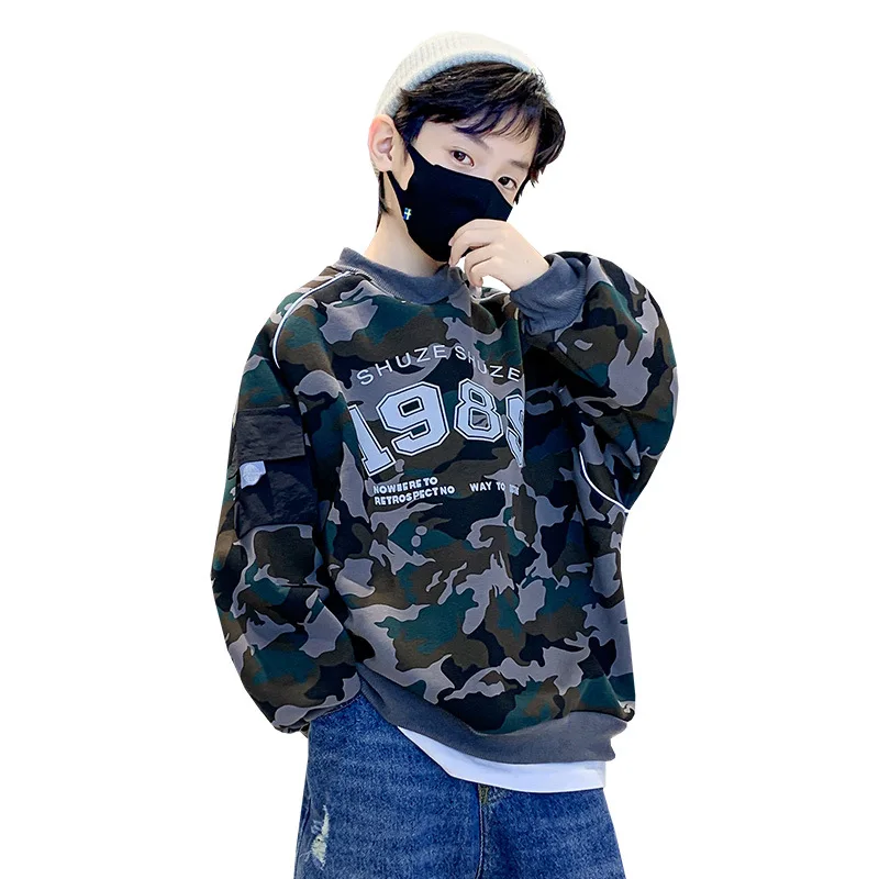 

Boys Winter Plush Sweatshirt Fashion Camouflage Pullover Thick Warm Round Neck Top for Teens Casual Children's Clothing 4-14 Yrs