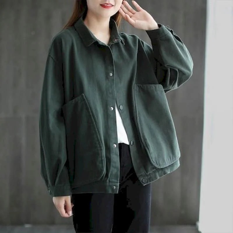 thumbnail image 1 of Chaquetas para mujer Ropa de estilo coreano Prendas de abrigo Sueltas de gran tamaño Cuello alto Camisa lisa Cárdigans Abrigos de manga larga Tops de mujer, 1 of 4