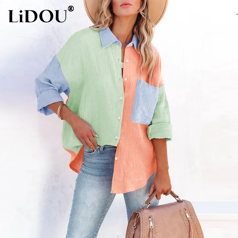 

Spring Autumn Streetwear Fashion Casual Patchwork Blouse Female Long Sleeve Blusa Single Breasted Pocket Shirt Women's Clothing