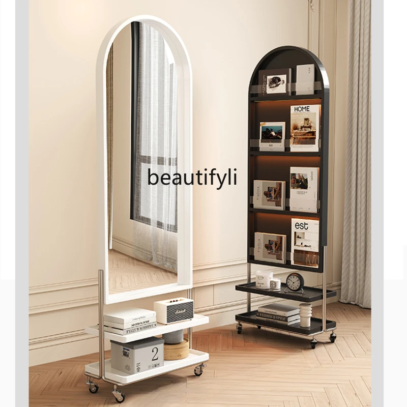 

Full-Length Mirror Floor Mirror Household Movable Rotating Bedroom Dressing Mirror Bookshelf Integrated