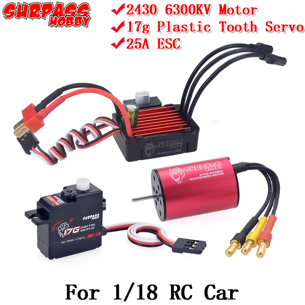 

SURPASS HOBBY Combo Set 2430 Brushless Motor 6300KV+25A ESC+S0017P 17G Plastic Tooth Digital Servo for 1:18 RC Car