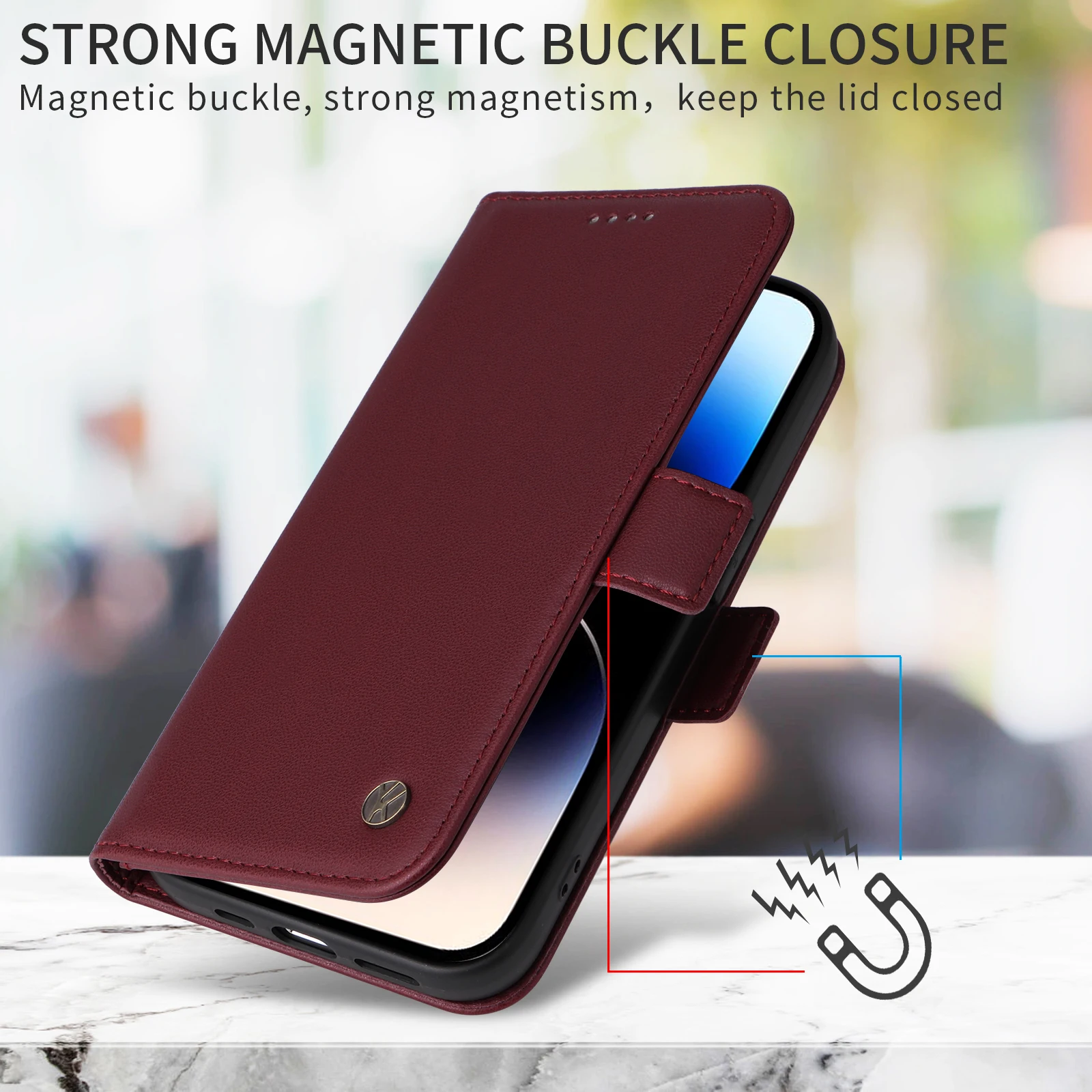 Leather Wallet Phone Case with Card Slots and Magnetic Closure