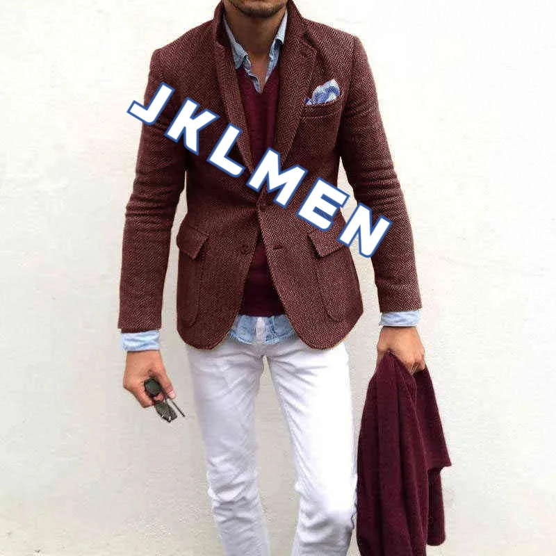 Men's Suit Jacket Herringbone Tweed Wool Jacket Winter Warm Short Jacket Retro Slim Fit Men Blazer  Coat Only