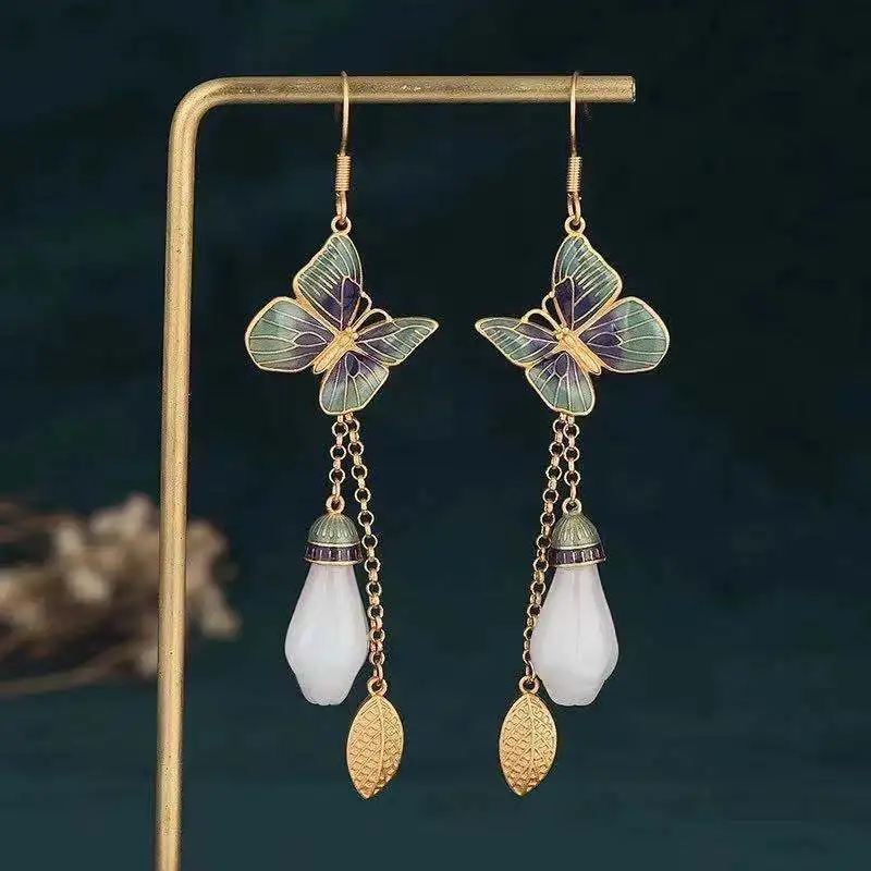 YILUOCD Orecchini pendenti con fiori in pietra di giada retrò originali per le donne Orecchini in argento Boho Lotus Regalo di gioielli Boemia