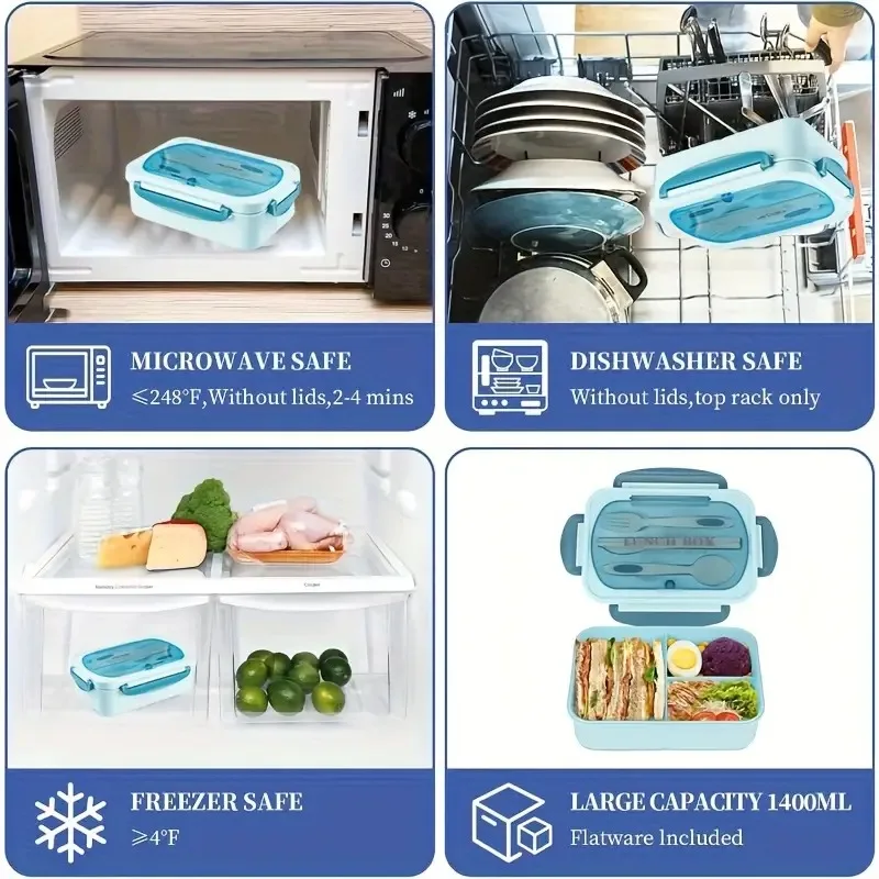 1200ml Bento Style Lunch Container with 3 Separate Leak-Proof Compartments Includes Utensil BPA-Free Material for Camping Trips
