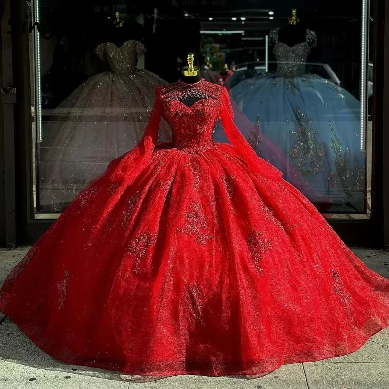 

Elegant Red Sweetheart Princess Quinceanera Dresses Applique Lace Beads Tull Corset Sweet 16 Dress Vestidos De 15 Anos Birthday