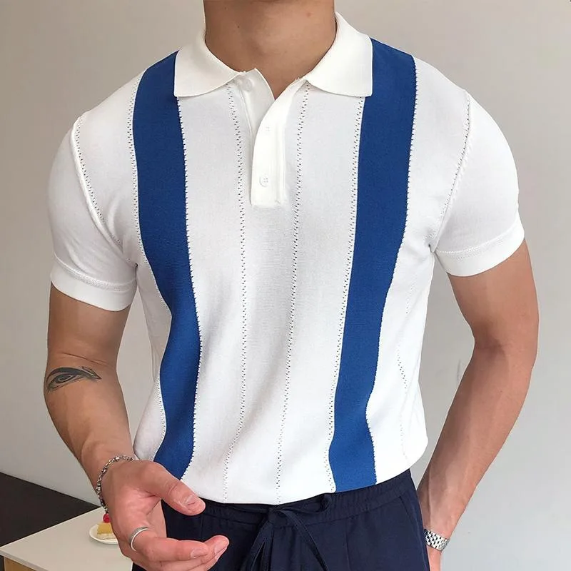

Men's 2023 Summer New Fashion Casual White Short Sleeve T-Shirt Blue Stripe Slim Fit Business POLO Shirt