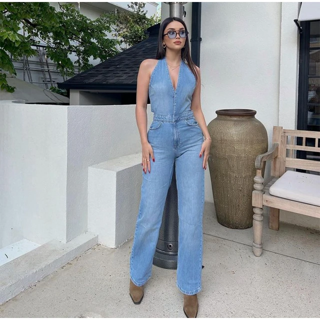 V Neck Sleeveless Denim Jumpsuits