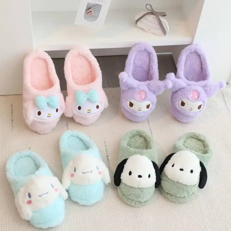 

Sanrio Cartoon Plush Slippers Floor Slippers Kuromi My Melody Warm Winter Indoor Slippers Flat Casual Non-Slip Girl Home Shoes