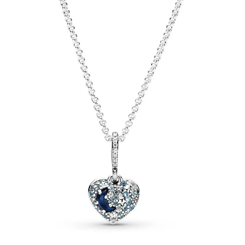 

Authentic 925 Sterling Silver Sparkling Blue Moon & Stars Heart With Crystal Necklace For Women Bead Charm Diy Fashion Jewelry