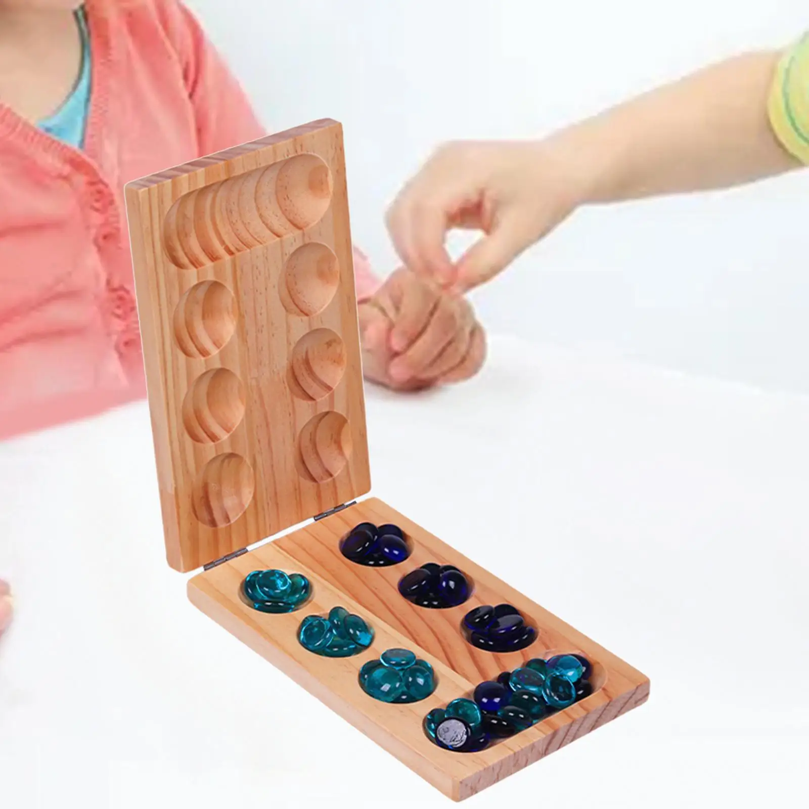 Wood Mancala Board Game Classic Teen 48 Stones for Family Entertainment Kids