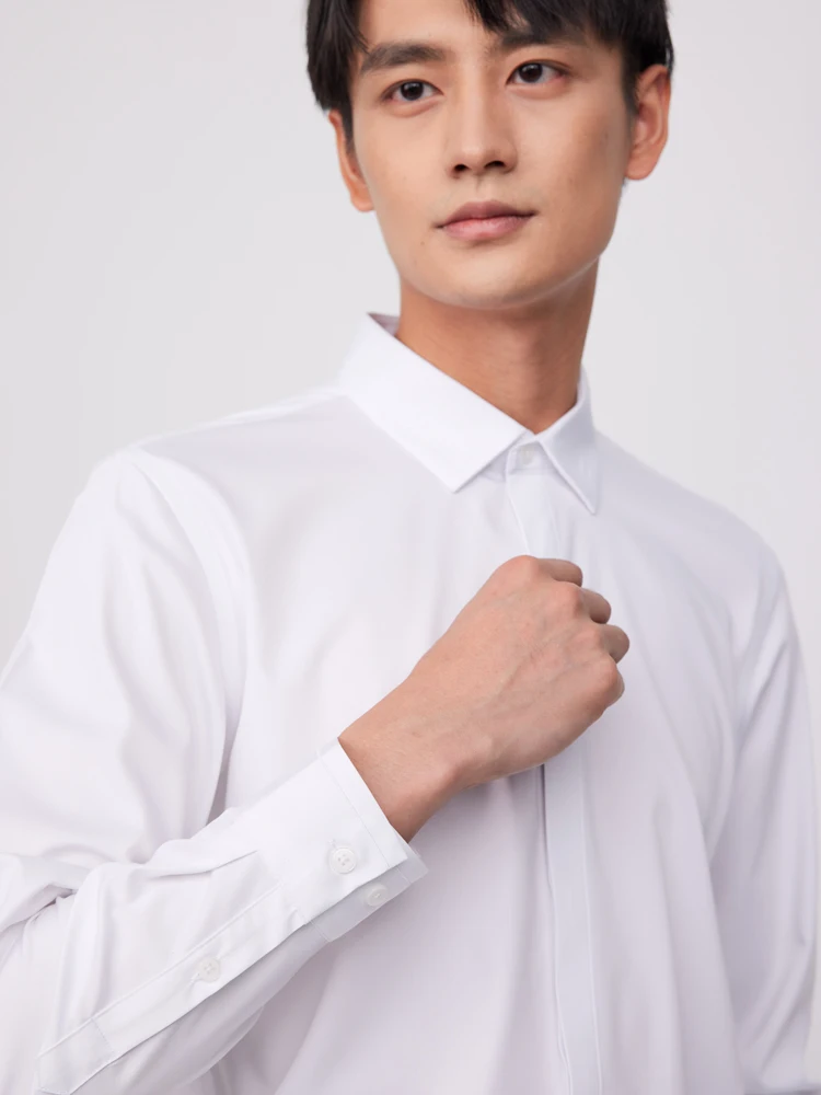 Men's Long Sleeve Casual Slight Strech Basic Shirt Without Pocket Front Hidden Buttons Placket Comfortable Slim-fit Dress Shirts