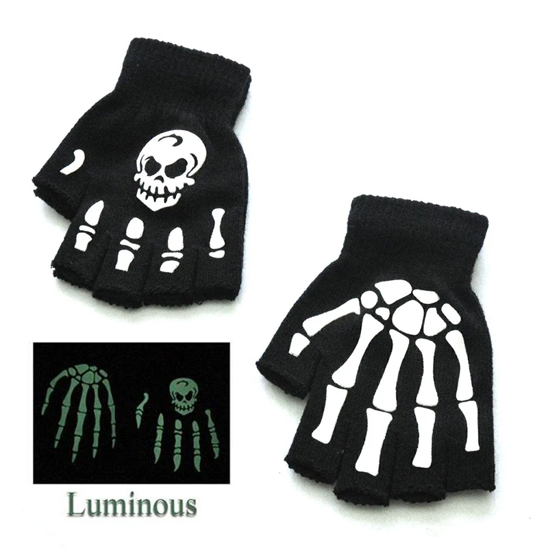 1 Paar gotische Skelett reflektierende Handschuhe Horror Klaue Knochen Streetwear halbe Handschuhe Halloween Split Finger Handschuhe für Männer Frauen – Detail 3